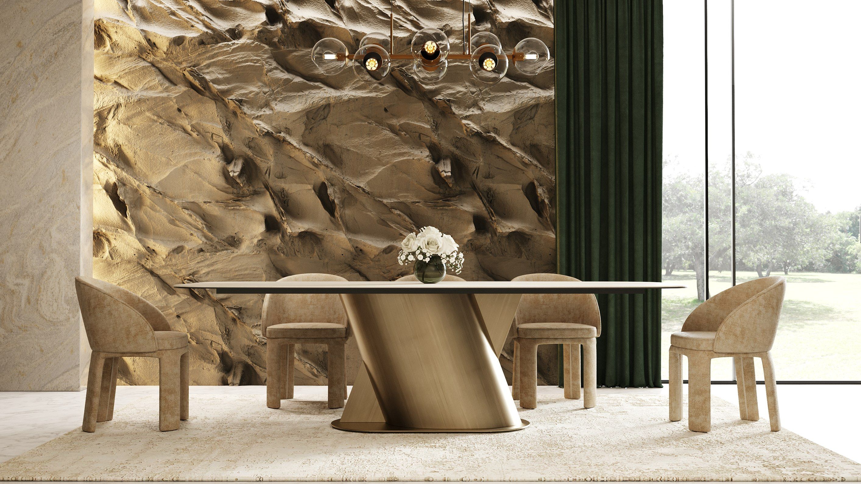 Kiefer - Modern Faux Travertine Ceramic + Bronze Dining Table 7 pc set