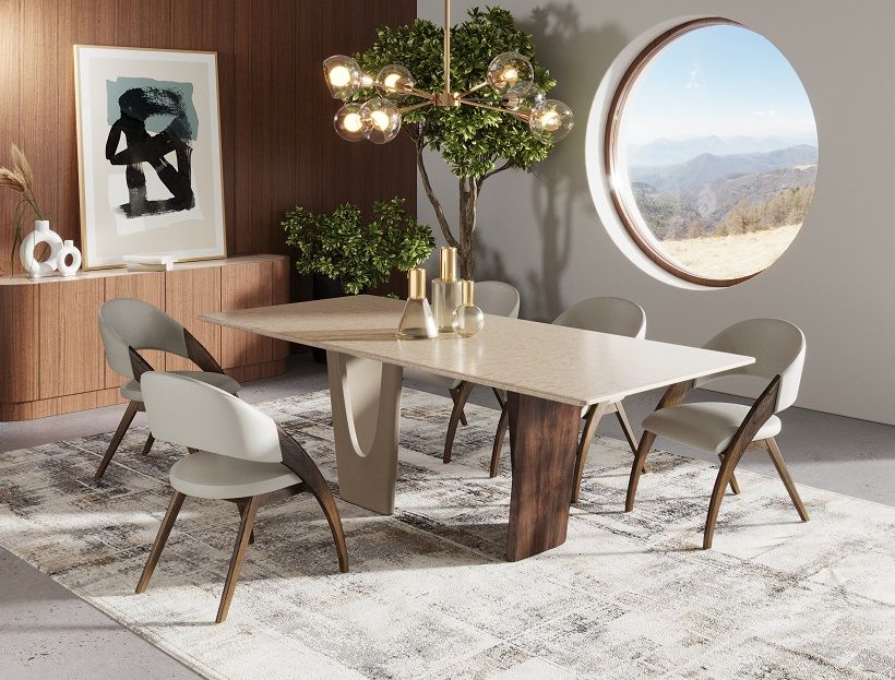 Modrest Brianna - Contemporary Marble and Cream/Walnut Dining Table 7 pc dining set