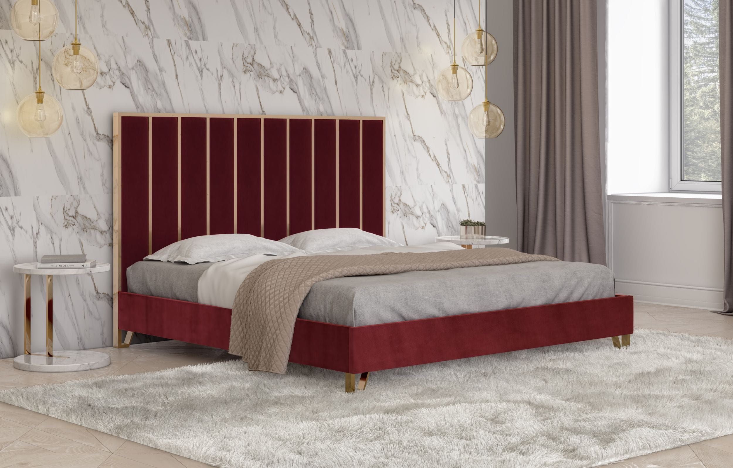 Reyes Modern Red Velvet & Gold Bed